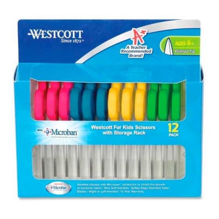 Acme United Westcott School Kids Scissors w/Anti-Microbial Product Protection, 5"L Pointed, Assorted, 12/PK 14872